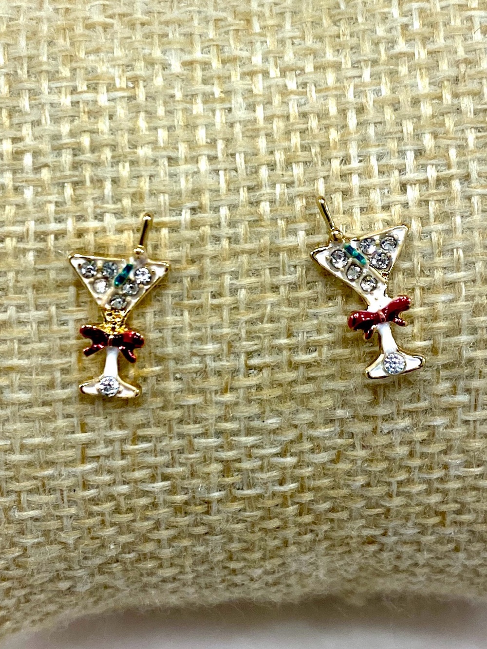 J. Crew Gold-tone Martini Glass Earrings with Red Bow and Clear Crystals